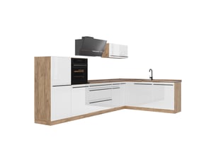 Vicco cuisine en angle, blanc haute brillancechêne doré, 347 x cm plan de travail chêne doré