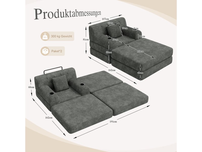 Fauteuil-lit 1 place avec pouf, velours côtelé gris foncé, dossier haut inclinable, cadre métal, mousse haute densité, rangement et porte-gobelets - Conforama C
