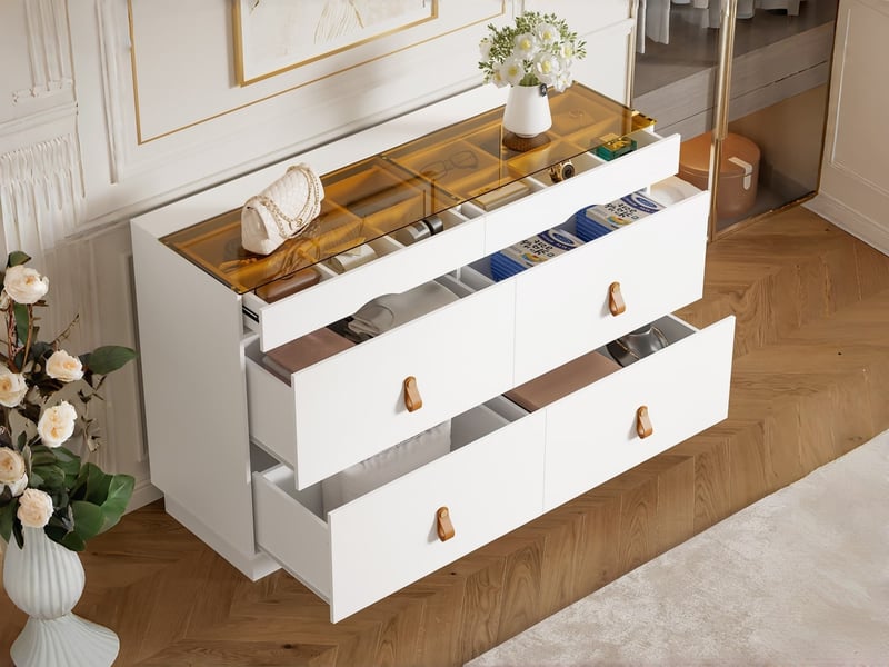  Commode 6 tiroirs, sideboard en verre de sécurité trempé, coiffeuse avec compartiments, stabilité anti-bascule, 120 x 40 x 78 cm, blanc  - Conforama B