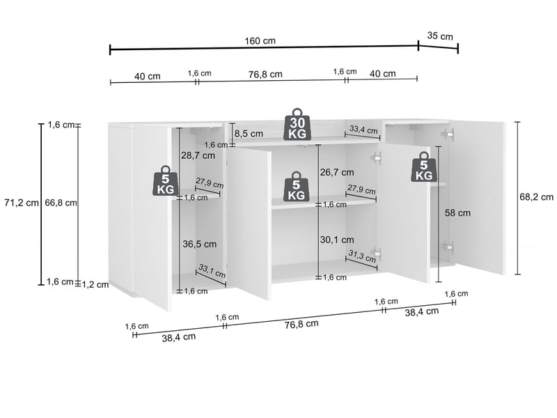  Buffet swink, 6 étagères, 160x35x70h cm blanc cachemire Swink - Conforama C