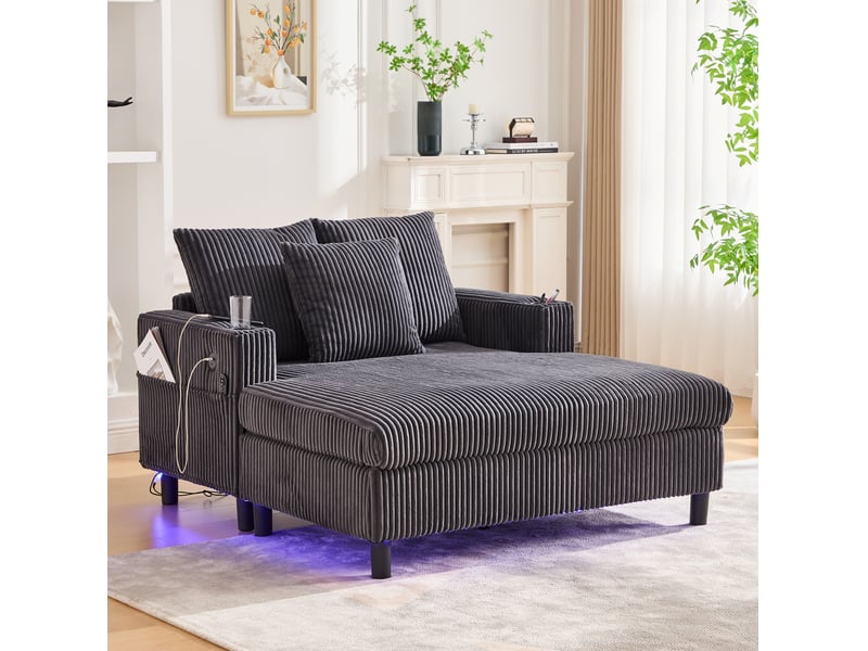  Fauteuil lounge fixe en velours côtelé gris foncé avec led, usb et porte-gobelet, pour vos instants détente à la maison  - Conforama B