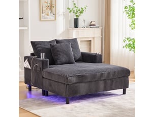 Fauteuil lounge fixe en velours côtelé gris foncé avec led, usb et porte-gobelet, pour vos instants détente à la maison