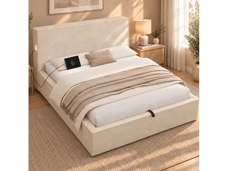  Lit coffre modenvie 120 x 200 cm hydraulique en chenille beige avec sommier à lattes  - Conforama E