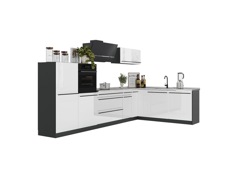 Vicco cuisine en angle, blanc haute brillanceanthracite, 347 x cm plan de travail chêne doré  - Conforama E