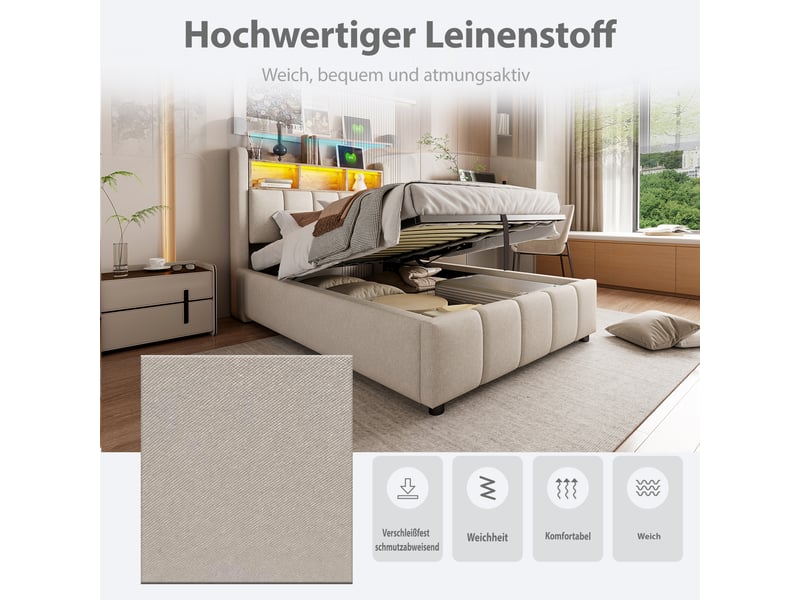  Lit simple enfant 90x200 cm, lin beige, éclairage led, prise usb, rangement hydraulique avec matelas et base stable  - Conforama E