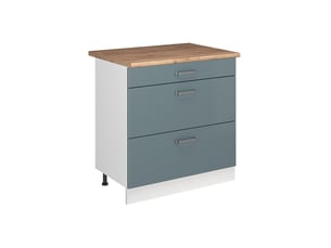 Vicco meuble cuisine, bleu-grisblanc, 80cm avec 3 tiroirs plan de travail chêne doré