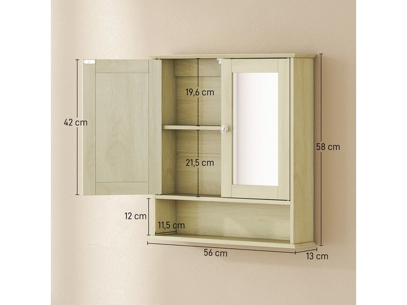  Armoire murale salle de bain avec miroir, 56 x 13 x 58 cm, meuble salle de bain avec portes miroir doubles bois naturel  - Conforama E