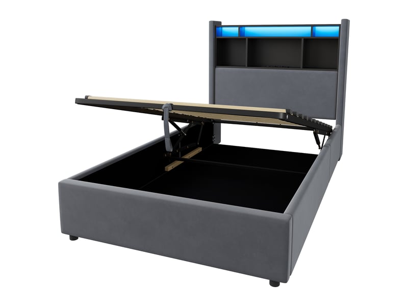 Lit coffre simple 90x200cm avec lampe led, fonction de charge et fonction de rangement, sans matelas  - Conforama D