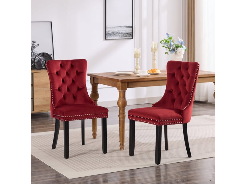  Lot de 2 chaises salle à manger velours capitonné bordeaux, pieds bois massif, clous décoratifs  - Conforama D
