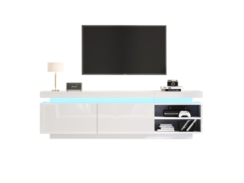 Meuble tv led avec 2 portes et 2 niches, passe-câbles, finition blanc brillant moderne pour salon, 170 × 35 × 50 cm - Conforama A