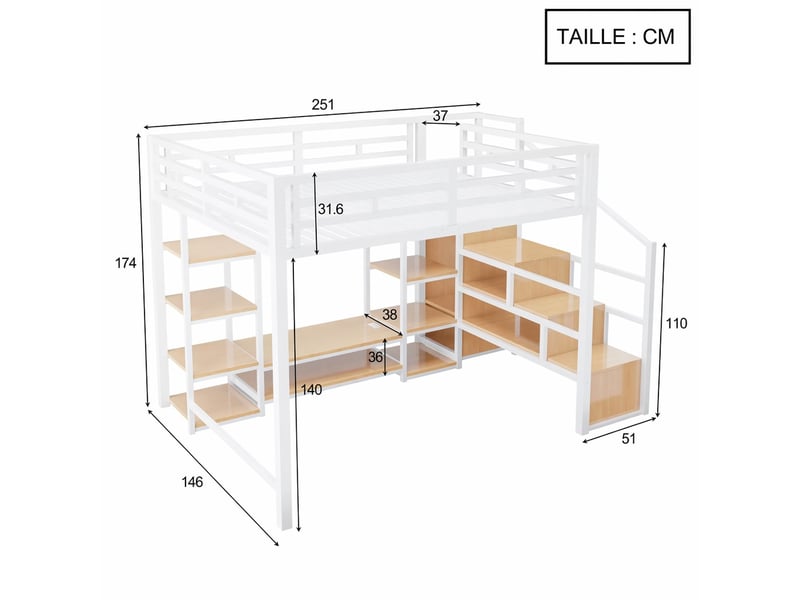 Lit mezzanine 2 places 140×200 cm avec support tv, prise et échelle de rangement - okmyhome- blanc, sans matelas - Conforama E