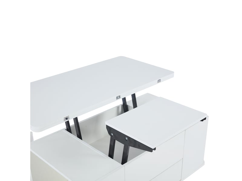 Table basse relevable multifonction blanche – 100 x 50 cm – plateau extensible 100 x 100 cm, 4 tabourets  - Conforama E