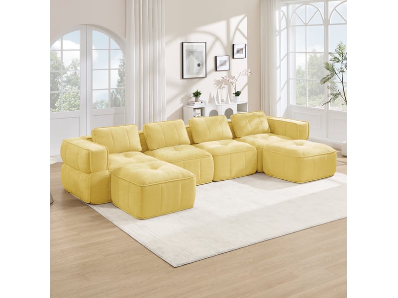 Canapé modulaire u 4 places 344x162x67 cm, sans montage, antiglisse, 2 poufs, avec, tissu polyester, jaune  - Conforama B