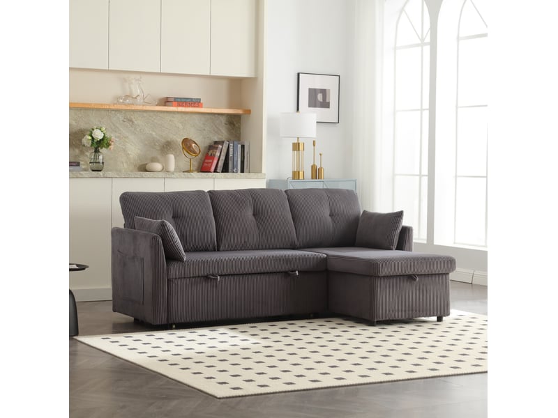  Canapé d'angle convertible 3 places en velours côtelé gris foncé avec rangement modulaire et lit gigogne  - Conforama B