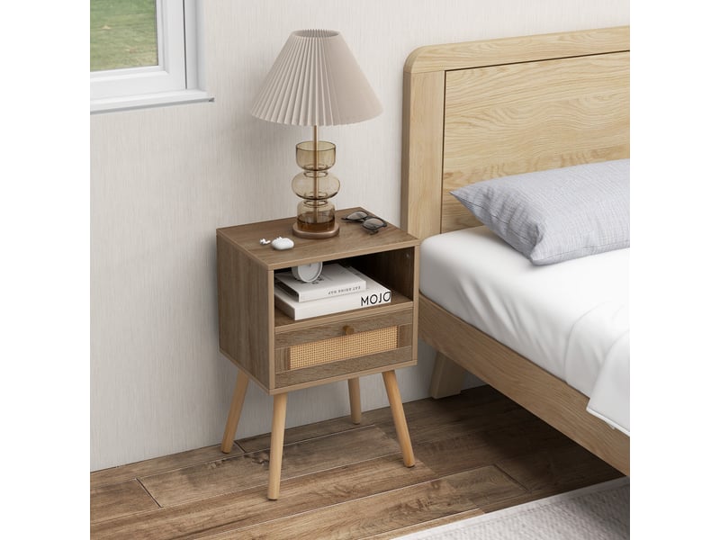  Rangement pratique, lot de 2 tables de chevet avec tiroir en rotin et étagère ouverte pour chambre ou salon HU10580OA-2 - Conforama C