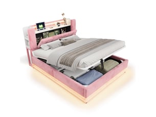 Lit coffre 160 × 200 cm 2 places avec led, usb et rangement hydraulique, sans matelas, en velours rose