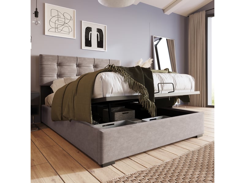  Modenvie lit coffre 90x200 cm - tête de lit réglable et rangement intégré, matelas inclus - gris clair  - Conforama D