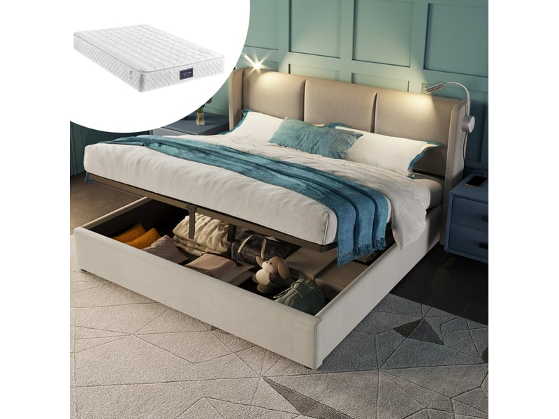  Lit double coffre 160x200 cm avec lampe de lecture et usb, lin, beige, sans matelas  - Conforama B