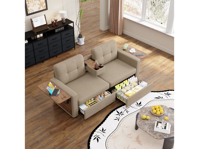  Canapé 2 places 178 x 71 x 57,5 cm, assise réglable, 2 rangements, tablette rabattable pour ordinateur, porte-gobelets, chenille, kaki OMNIGLINT TRADING LTD - Conforama E