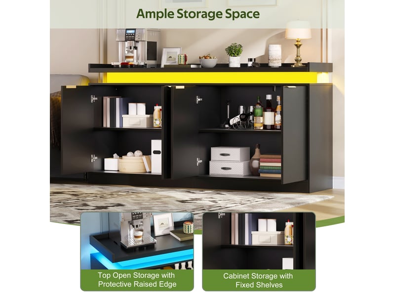  Buffet et enfilade led avec 4 portes et étagères ouvertes, mdf noir, pour cuisine et salle à manger, 160 × 39 × 83 cm  - Conforama E
