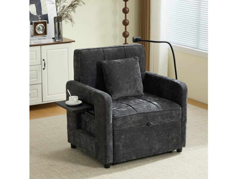  Fauteuil convertible tcqpz chenille gris fonce avec coussin rangement tablette laterale et dossier reglable 167 x 79 x 83 cm  - Conforama E