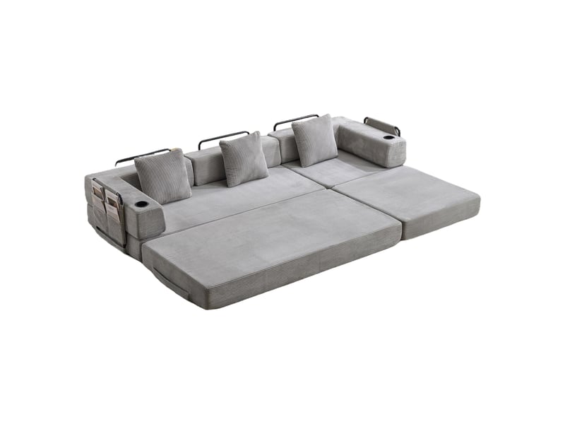 Canapé convertible, canapé-lit, gris clair, poches latérales, porte-gobelets, pour salon, en velours tricoté, chambre - Conforama B