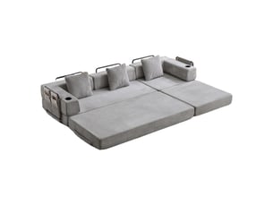 Canapé familial 5 places, avec couchage d'appoint, avec coussins, en velours côtelé, coloris gris clair, l277,5 x p92,5 x h60 cm