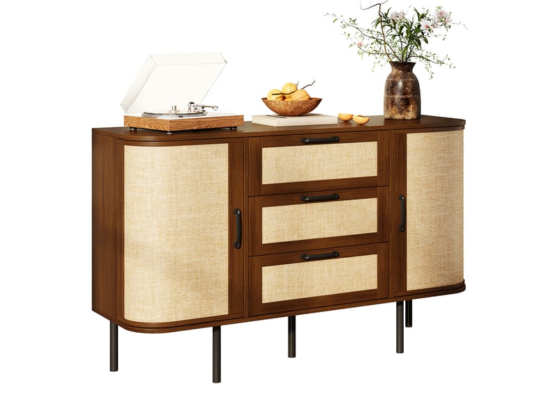 Meuble tv 180 x 40 x 45 cm poignées noires mdf 4 portes tressées pieds en fer salon - Conforama A