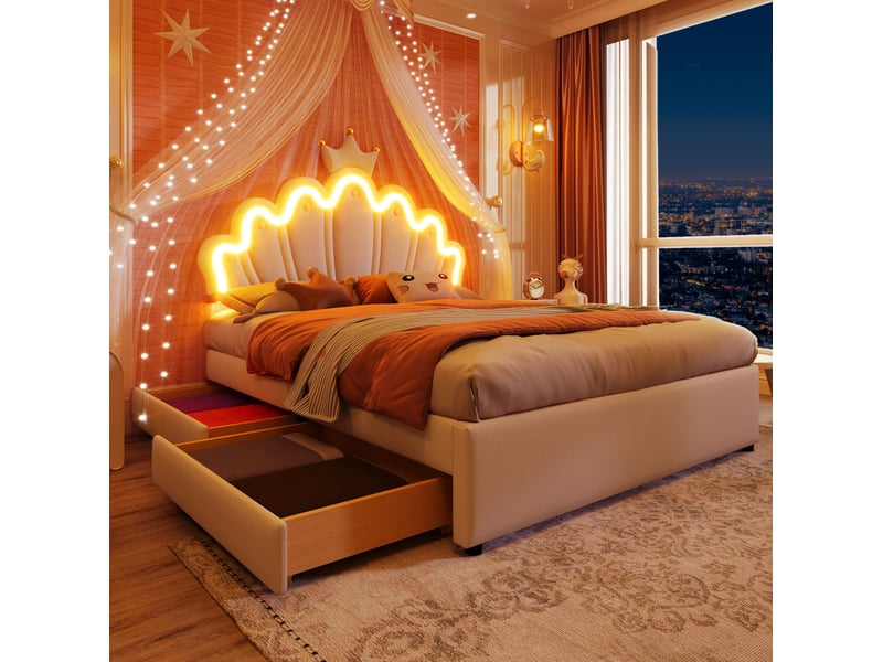 Lit enfant 140 x 200 cm en pu blanc avec led, 2 tiroirs et tête de lit couronne  - Conforama D
