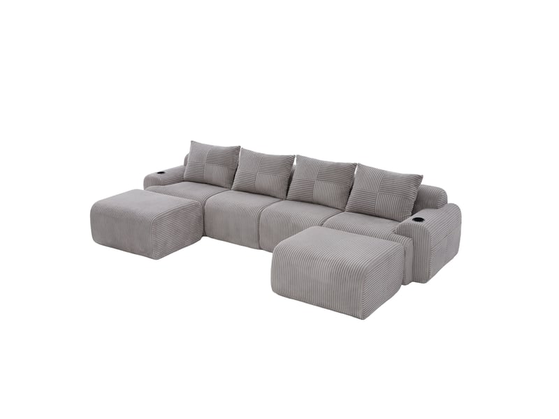  Canapé modulable 4 places en velours côtelé gris clair avec 2 poufs, porte-gobelets et poche latérale  - Conforama A