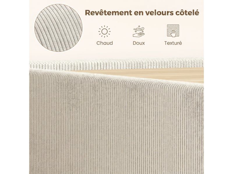  Cadre de lit 140 x 190 cm avec sommier, tête réglable, lit double rembourré en velours côtelé, sans bruit, gris clair  - Conforama E