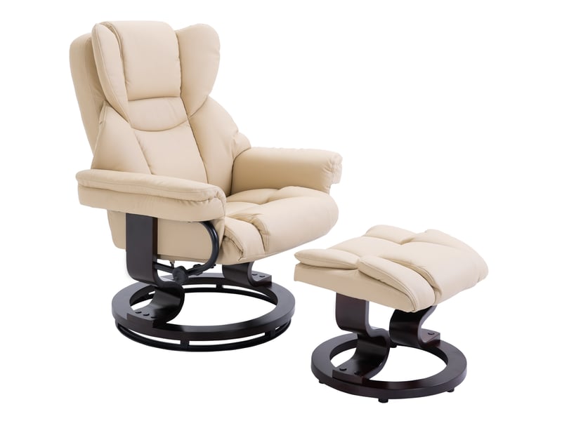Fauteuil relax pivotant avec dossier inclinable 145° et repose-pieds, en bois et métal crème - Conforama A