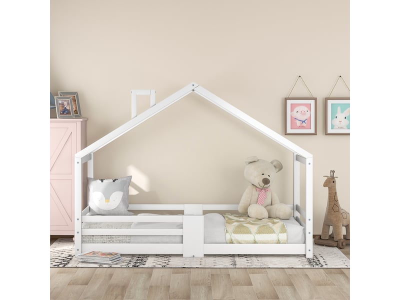  Lit enfant 90x200 cm - lit simple style cabane avec barrières - bois de pin - sans matelas - blanc  - Conforama D