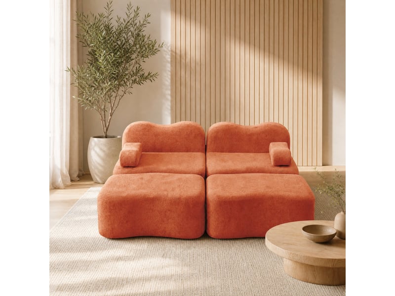  Canapé modulaire 2 places avec 2 poufs en velours orange  - Conforama D