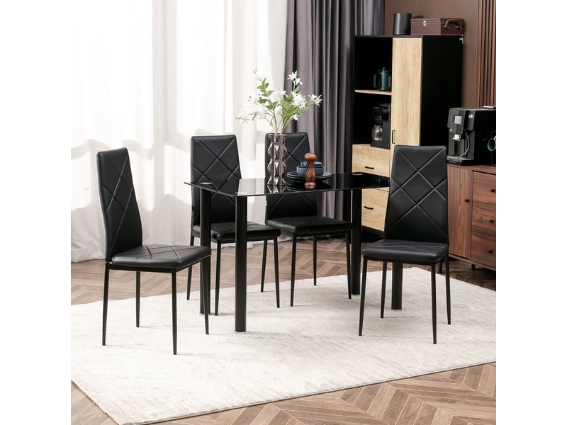  Ensemble de table à manger avec 4 chaises plateau en verre trempé, pour cuisine salon noir, pieds en acier  - Conforama D