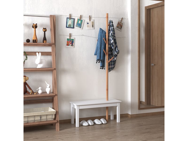  Banc d'entrée avec penderie intégrée, penderie en bambou, banc d'entrée blanc, design, convient également pour la chambre, 80 x 30 x 180 cm  - Conforama C