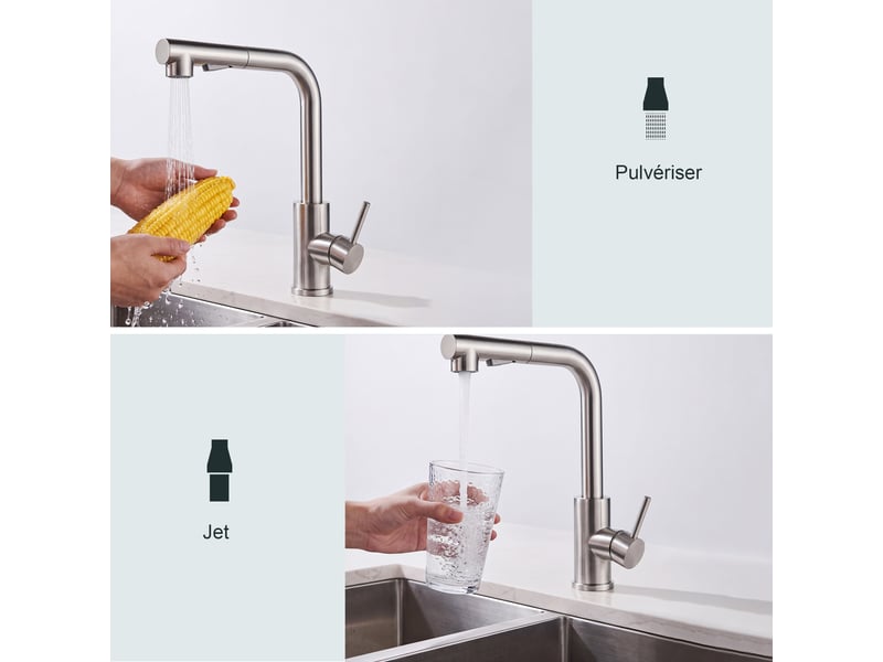  Robinet de cuisine - 27.5 x 31 cm gris - mitigeur monocommande extractible en acier inoxydable avec douchette 2 jets  - Conforama E