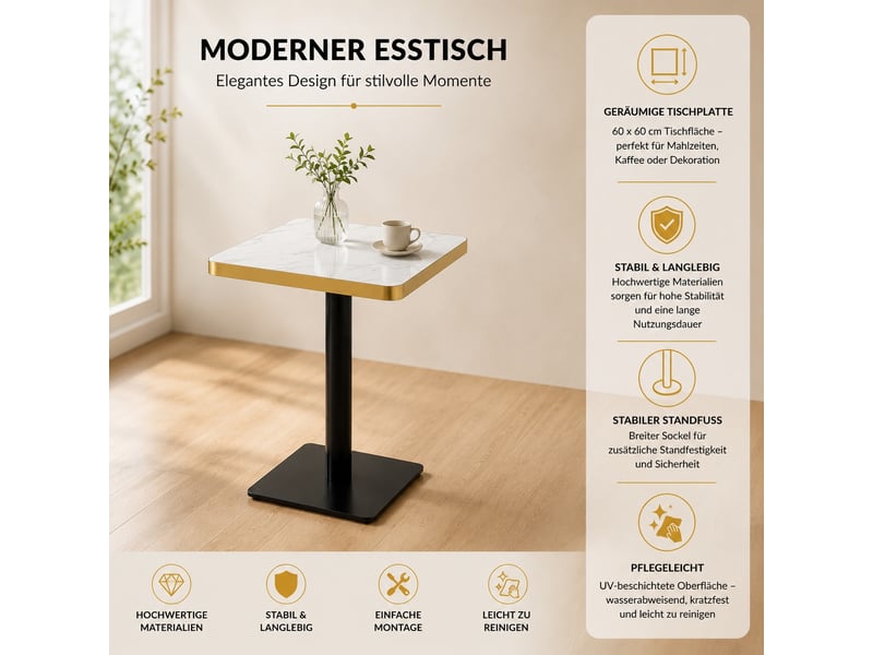  Table de salle à manger,60x60x74 cm,avec piètement métal,mdf,blanc marbré  - Conforama D