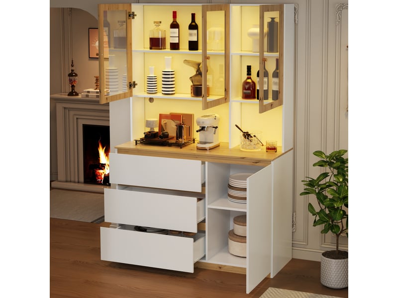  Vitrine de rangement, avec éclairage led, 120 x 200 cm, coloris blanc et chêne, solution de rangement fonctionnelle, pour intérieur  - Conforama A