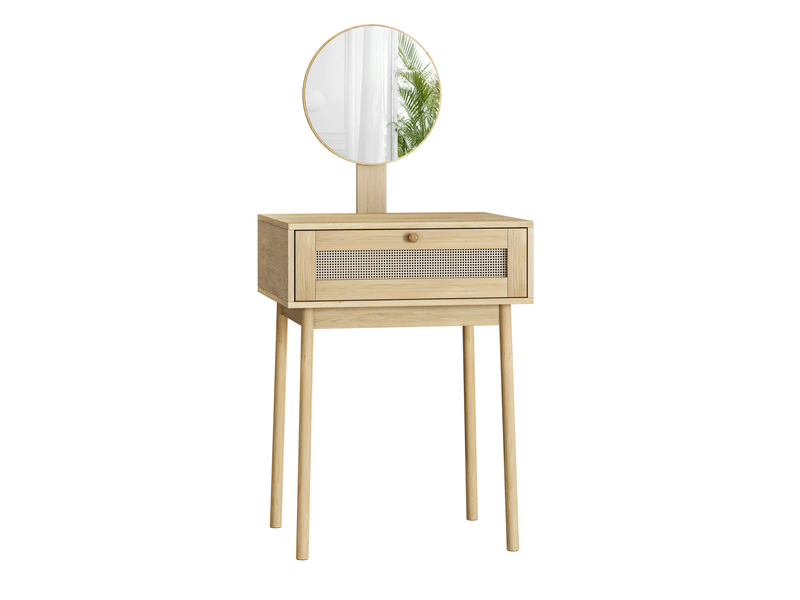  Petite coiffeuse avec miroir rond 60x50x128cm rangement | style bohème bois clair et cannage | 1 tiroir montage facile - bois naturel  - Conforama A