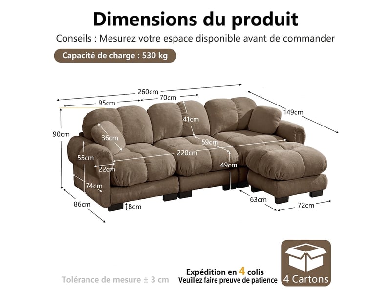  Canapé d'angle 3 places en l marron avec pouf amovible - tissu chenille 260x149x90cm  - Conforama C