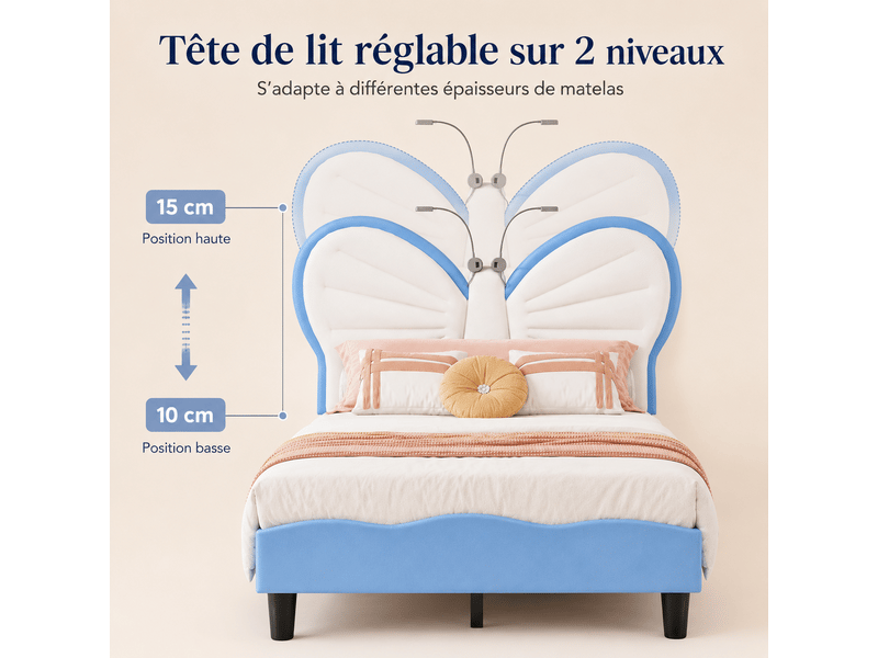 Lit enfant pour une fille 90x200 - sommier à lattes + liseuse + dossier rembourré - tête de lit réglable - 1 personne - lit fille 90x200cm avec led - lit enfant rembourré avec sommier à lattes - tête de lit réglable en papillon …  - Conforama D