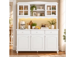 Buffet haut 135x40x185 cm avec éclairage led, prises usb-c-a, meuble de rangement cuisine avec étagères réglables en panneau de particules - blanc