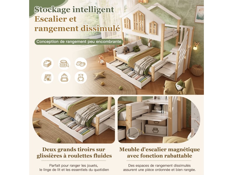 Lit superposé cabane 90x200140x200cm avec toit diamant, escalier de rangement, étagères et sommiers, certifié en 747, sans matelas, bois blanc evarich - Conforama D