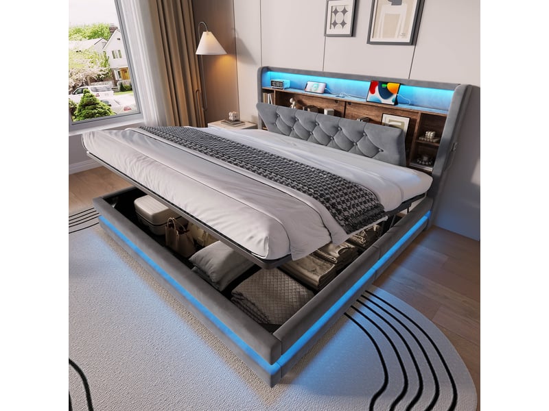  Lit coffre rembourré 160x200 cm, rangement hydraulique, tête de lit multifonction avec étagères, led, 2 usb et usb-c, velours gris foncé Radiant Stride - Conforama B