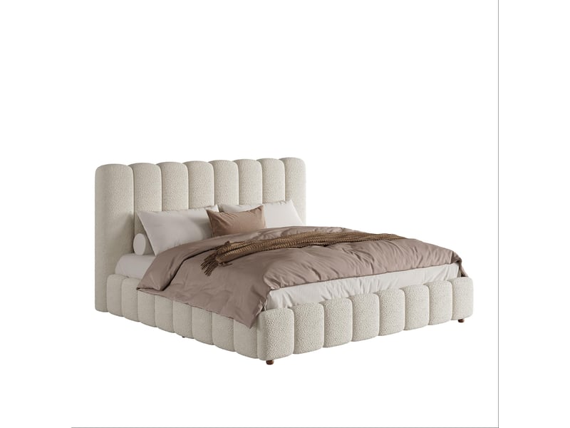 Lit double 180x200 cm en tissu bouclette blanc, tête rembourrée et pieds en bois massif - Conforama E