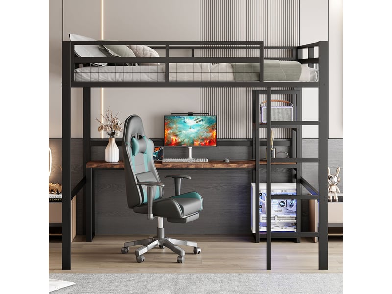  Lit mezzanine tcqpz 140 x 200 cm en métal noir avec bureau étagères prises usb et type-c avec échelle et garde-corps sans matelas  - Conforama E