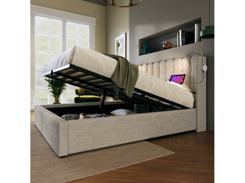  Modenvie lit coffre 140x200 cm - tête de lit avec liseuse usb et rangement, avec matelas - beige  - Conforama D