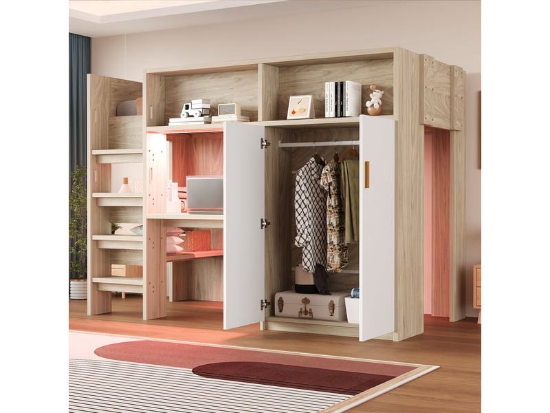  Lit combine enfant 90x200, échelle sécurisée lit enfant, bureau intégré, armoire 2 portes, led ambiance, rangements multiples  - Conforama B