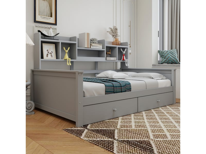  Lit simple 90x200 cm avec tiroirs et rangements en bois gris  - Conforama C